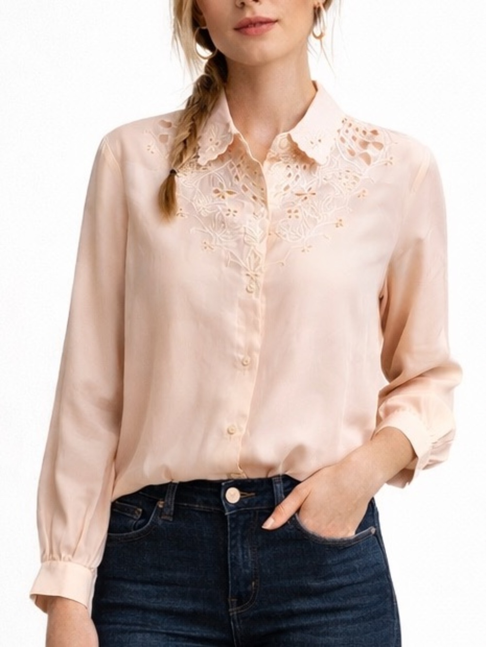 Vintage Made in Japan Peach Embroidered Button Up - Size Medium